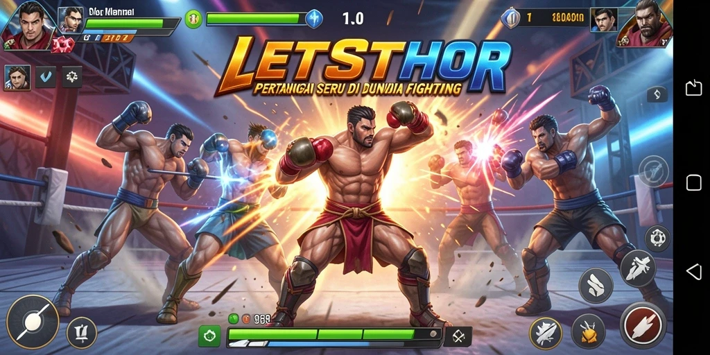 Tampilan aksi pertarungan seru di LETSTHOR dengan karakter yang beragam.