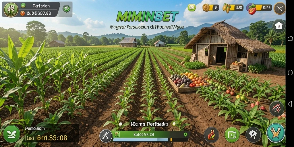 Tampilan gameplay MIMINBET menampilkan kebun yang subur dan aktivitas pertanian.