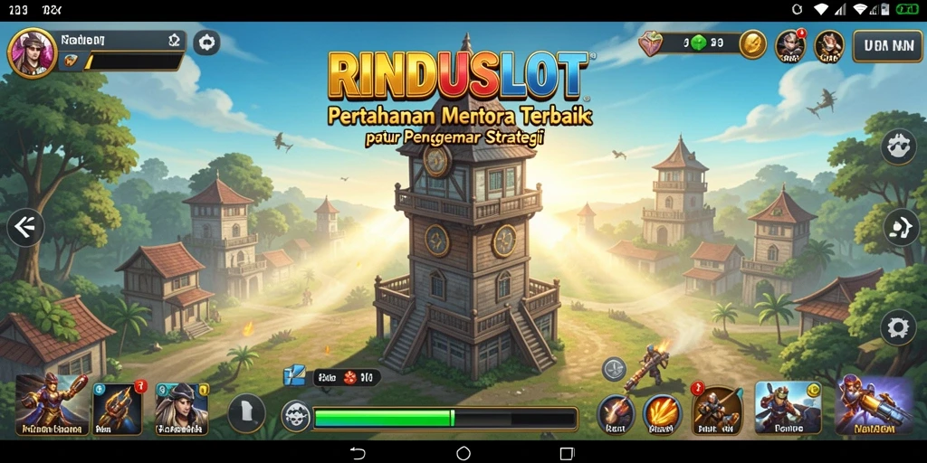 Screenshot gameplay RINDUSLOT menampilkan pertahanan menara yang strategis.