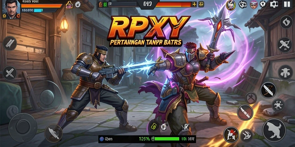 Screenshot gameplay RPYYY yang menunjukkan pertarungan seru antara karakter.