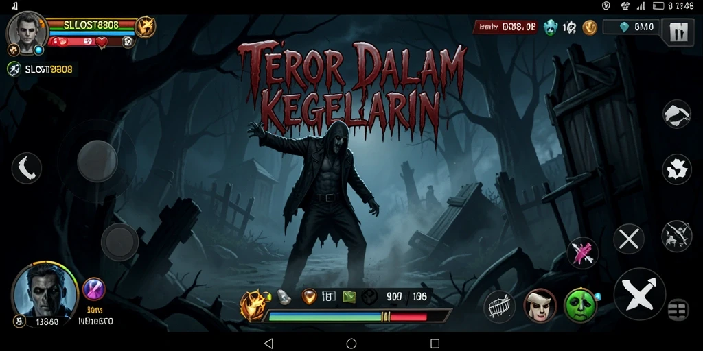 Screenshot menunjukkan karakter utama menjelajahi lingkungan horror yang gelap.