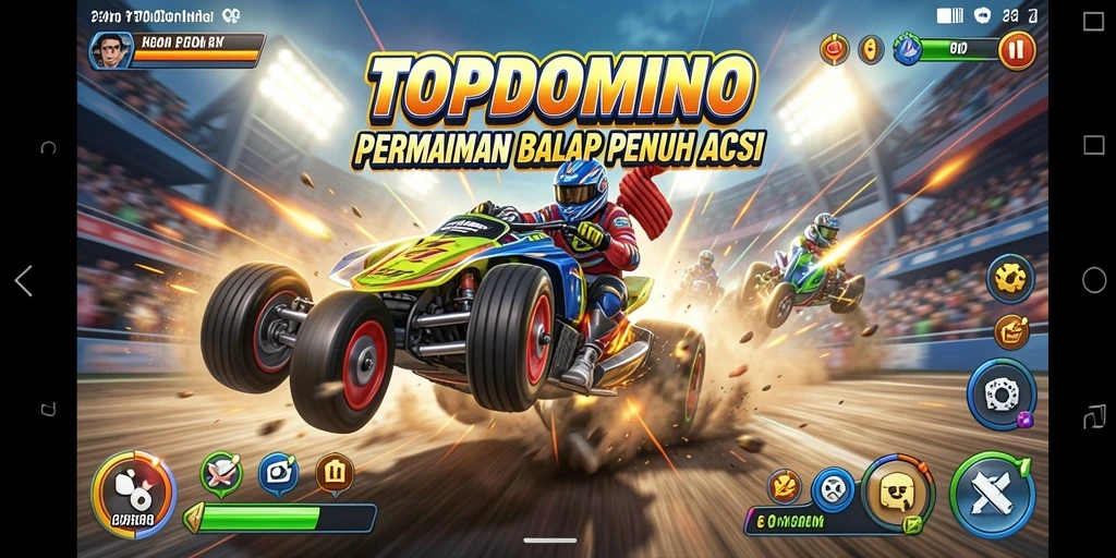 Tampilan menarik gameplay balapan di TOPDOMINO dengan kendaraan cepat.